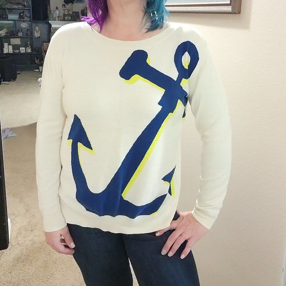 Anchor Sweater Long Sleeves Navy Size Large